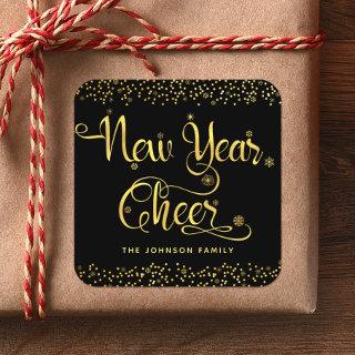 New Year Cheer Chic Gold Snowflakes Black Custom Square Sticker