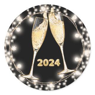 New Years Champagne Glasses Glowing String Lights Classic Round Sticker