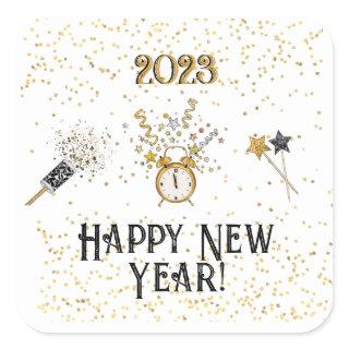 New Years Clock, Stars, Glitter, Star Wands Square Sticker