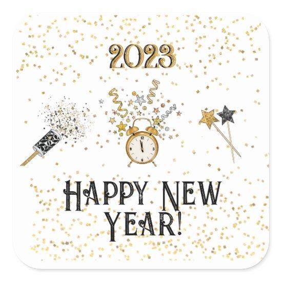 New Years Clock, Stars, Glitter, Star Wands Square Sticker