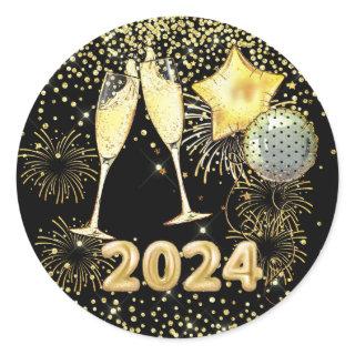 New Year's Eve Party 2023 Gold Glitter On Black Classic Round Sticker