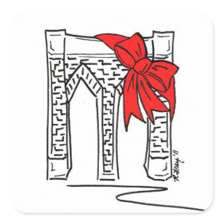 New York Christmas Red Bow NYC Brooklyn Bridge Square Sticker