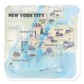 New York City Manhattan Vintage Travelposter Map Square Sticker