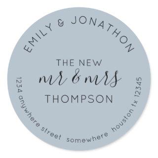 Newlyweds Return Name Address Dusty Blue Classic Round Sticker