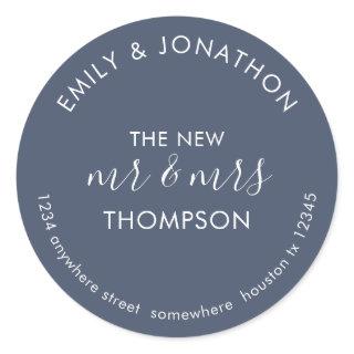 Newlyweds Return Name Address Dusty Navy Blue Classic Round Sticker