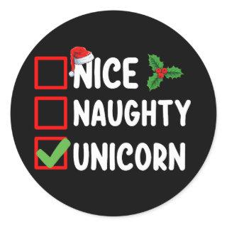 Nice Naughty Unicorn Christmas List Holiday Classic Round Sticker