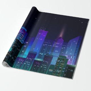 Night city panorama with neon glow on dark backgro