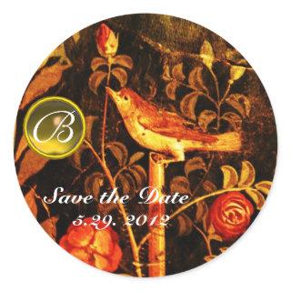 NIGHTINGALE WITH ROSES MONOGRAM Red Yellow Black Classic Round Sticker