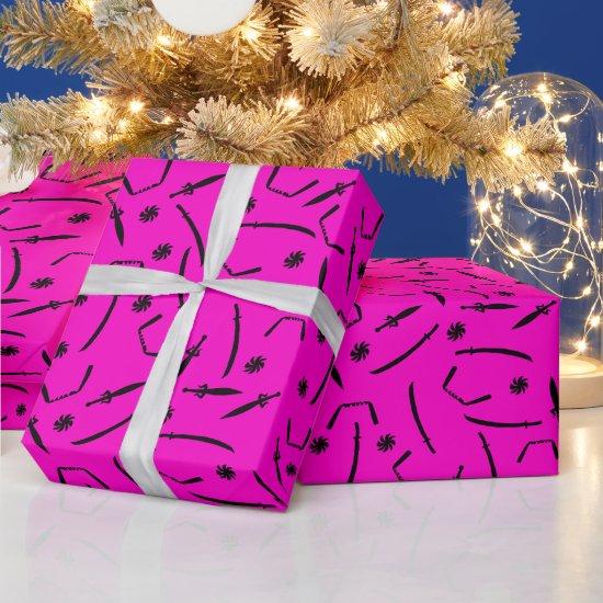 Ninja Sword and Throwing Stars Pattern Black Pink