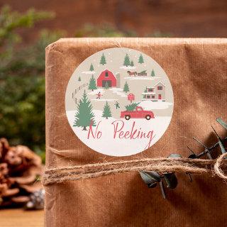 No Peeking Festive Vintage Christmas Tree Farm Classic Round Sticker