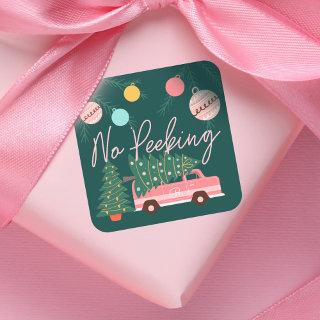 No Peeking Vintage Pink Christmas Van Green Square Square Sticker