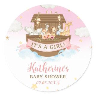 Noah's Ark Pink Animals Girl Baby Shower Favor  Classic Round Sticker