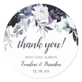 Nocturnal Floral Navy Blue Wedding Thank You Classic Round Sticker