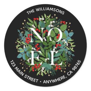 NOEL Greenery Berries Christmas Address Classic Round Sticker