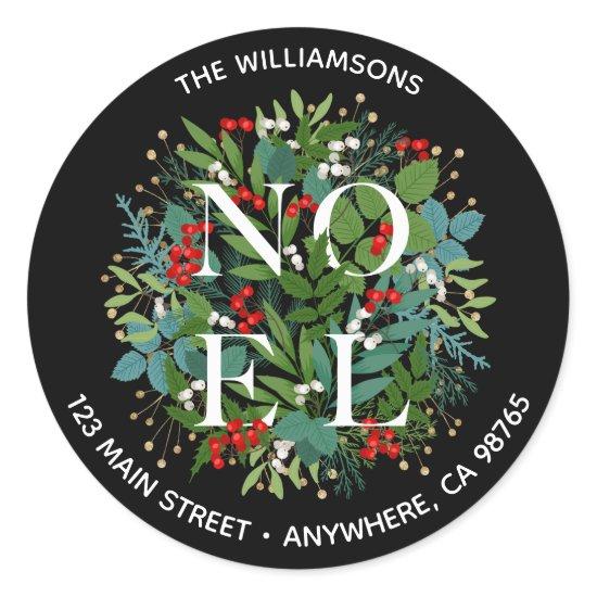 NOEL Greenery Berries Christmas Address Classic Round Sticker