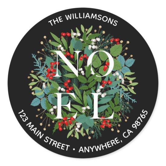 NOEL Greenery Berries Christmas Address Classic Round Sticker