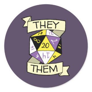 Nonbinary They Them Pronouns D20 Tabletop Dice Classic Round Sticker