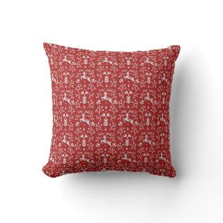 Nordic Folk Art Red Reindeer Antlers and Branches Throw Pillow