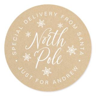 North Pole Special Delivery Kraft Brown Custom Classic Round Sticker