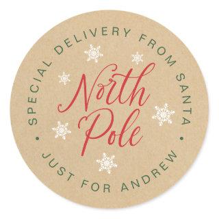 North Pole Special Delivery Kraft Brown Custom Classic Round Sticker