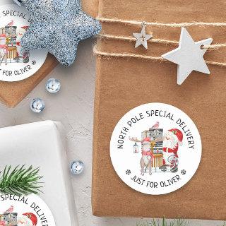 North Pole Special Delivery Santa and Reindeer Classic Round Sticker