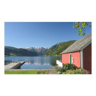 Norwegian fjord and boathouse rectangular sticker