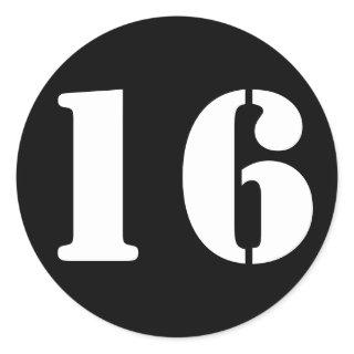 Number 16 Sixteen Black Stencil Numbers by Janz Classic Round Sticker
