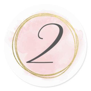 Number 2 Two Monogram Blush Pink Watercolor Gold Classic Round Sticker
