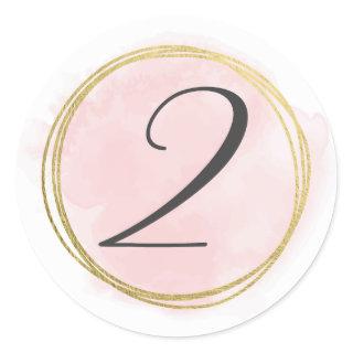 Number 2 Two Monogram Blush Pink Watercolor Gold Classic Round Sticker