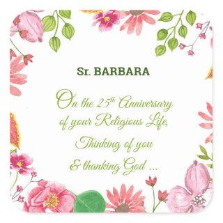 Nun Religious 25th Anniversary Watercolor Flowers Square Sticker