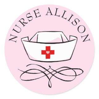 Nurse Cap Add Name Pink Classic Round Sticker