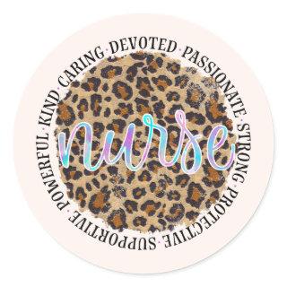 "Nurse" & Inspiring Traits - Leopard Print Classic Round Sticker