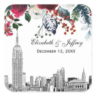 NYC Skyline ESB Etch Burgundy Grn Floral Watercolr Square Sticker