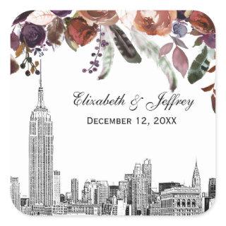 NYC Skyline ESB Etch Burgundy Plum Floral Wedding Square Sticker