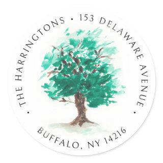Oak Tree Hand-Drawn Watercolor Return Address Classic Round Sticker