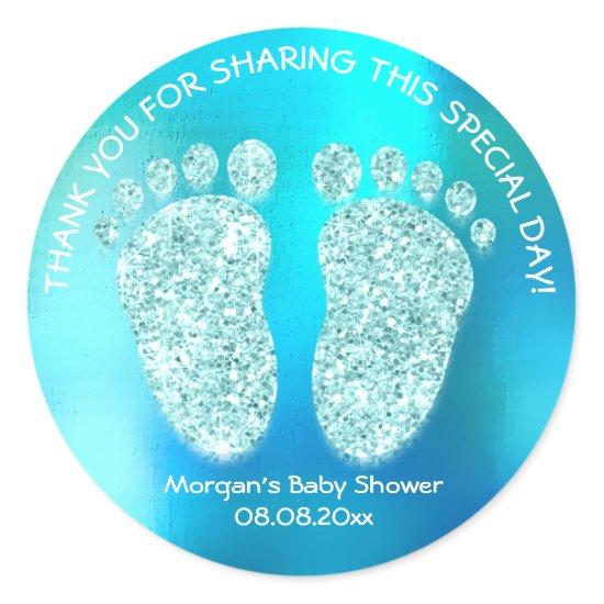 Ocean Blue Glitter Feet Baby Shower Favor Thank Classic Round Sticker