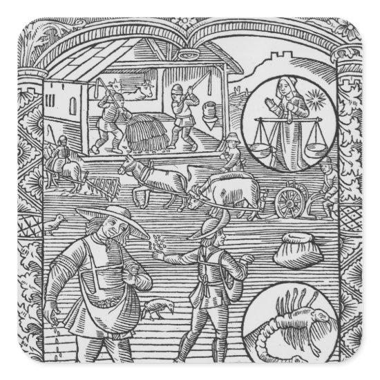 October, sowing, ploughing and threshing, square sticker