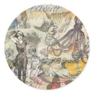 Octopus Beach Antique Coastal Steampunk Classic Round Sticker