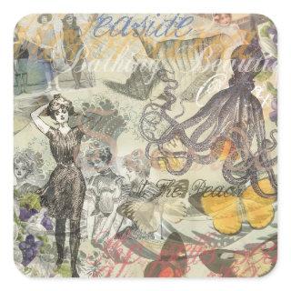 Octopus Beach Antique Coastal Steampunk Square Sticker