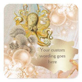 Octopus gold marble bubbles coral marine square square sticker