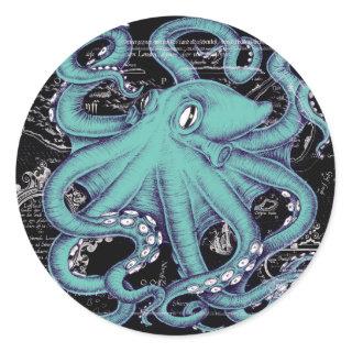Octopus Teal vintage map Ink Classic Round Sticker