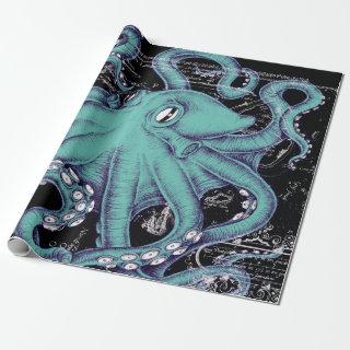 Octopus Teal vintage map Ink