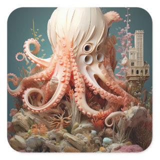 Octopus World Underwater Fantasy Ocean Abstract Square Sticker