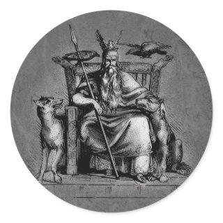 Odin ravens on his stone throne viking mythology classic round sticker