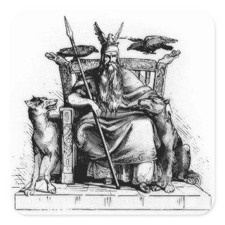 Odin ravens on his stone throne viking mythology square sticker