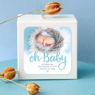 Oh Baby Blue Script Sweet Modern Boy Birth Photo Square Sticker