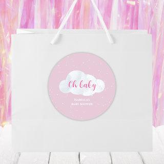 Oh Baby Girl Pink Clouds Sky Stars Baby Shower Classic Round Sticker