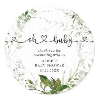 Oh Baby Modern Greenery Leaves Baby Shower Classic Classic Round Sticker