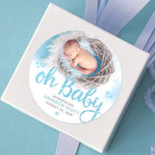 Oh Baby Modern Sweet Boy Birth Photo Turquoise Classic Round Sticker