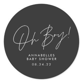 oh boy Baby shower script black elegant  Classic Round Sticker